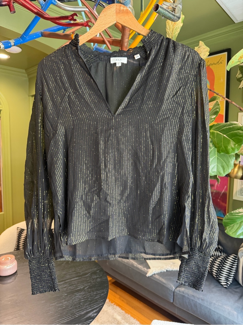 A.L.C. Black Metallic-Stripe V-Neck Blouse
